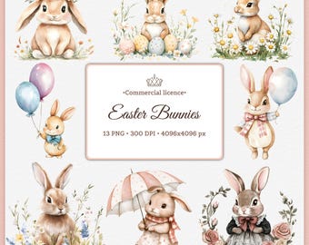 Easter Bunny Clipart Bundle, Soft Pastel Sublimation Watercolor Rabbits, Spring Bunnies 13 PNG, Floral Bunny, Digital, Commercial 4k