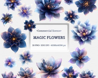 Mystical Night Blossom Clipart: Fantasy Floral PNG Bundle, Blue Purple Night Flower Witchy Digital Download, Commercial