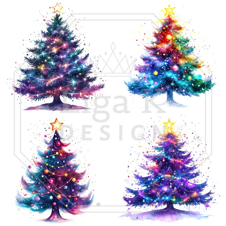 K&ouml;nnte beinhalten: Vier Aquarell-Illustrationen von Weihnachtsb&auml;umen in einem Raster angeordnet. Jeder Baum zeigt leuchtende Blau-, Lila- und Rosat&ouml;ne mit glitzernden Lichtern, bunten Ornamenten und einem goldenen Stern als Spitze. Der Text Liga K Design ist zentriert.