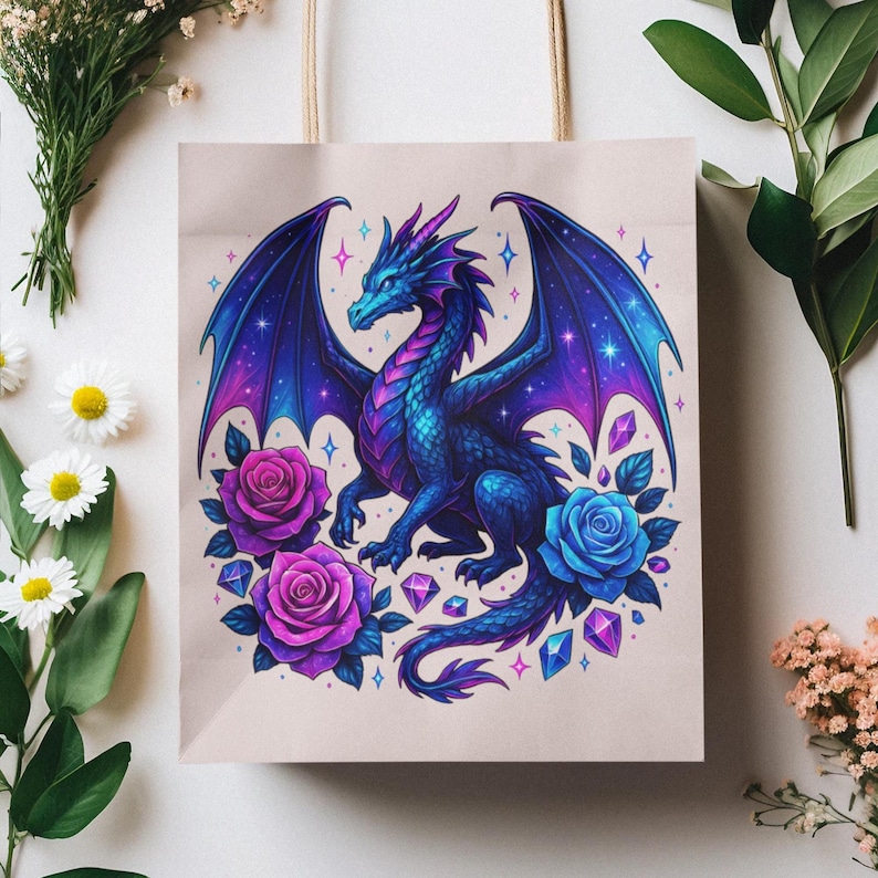 May include: A light beige paper gift bag featuring a central illustration of a blue and purple dragon with expansive wings. The dragon is surrounded by two pink roses, one blue rose, and several scattered geometric crystals and small star shapes.