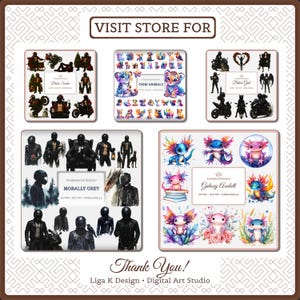 K&ouml;nnte beinhalten: Digitale Kunstdrucke mit verschiedenen Themen. Enth&auml;lt Illustrationen zum Thema Biker, farbenfrohe Chibi-Tierdesigns und Aquarellkunst von Axolotl. Der Text "VISIT STORE FOR" und "Thank You!" sind sichtbar.