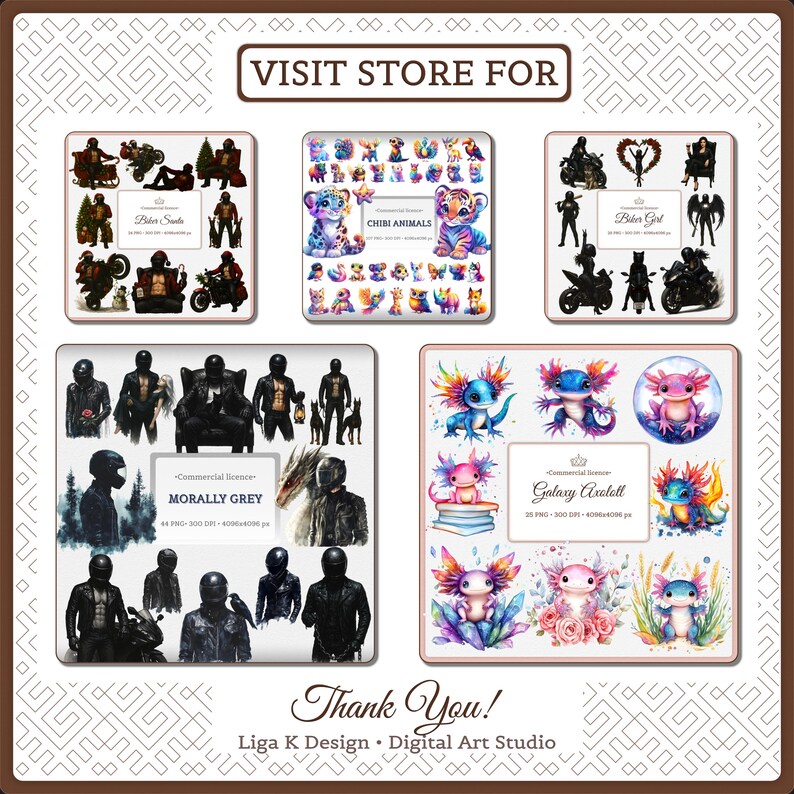 K&ouml;nnte beinhalten: Digitale Kunstdrucke mit verschiedenen Themen. Enth&auml;lt Illustrationen zum Thema Biker, farbenfrohe Chibi-Tierdesigns und Aquarellkunst von Axolotl. Der Text "VISIT STORE FOR" und "Thank You!" sind sichtbar.