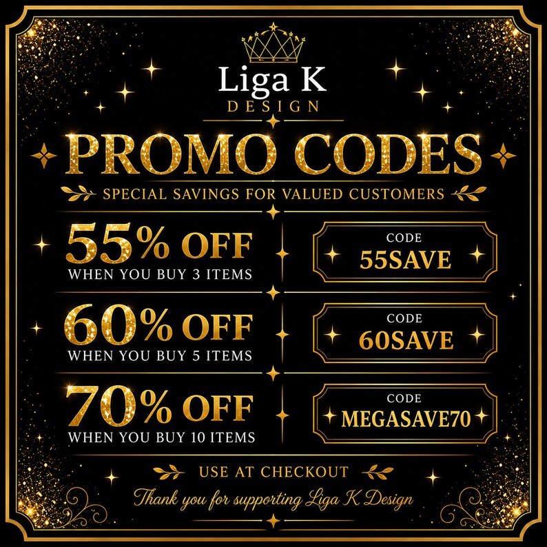 Pu&ograve; includere: Una grafica promozionale nera con testo dorato scintillante che recita Liga K Design, PROMO CODES, SPECIAL SAVINGS FOR VALUED CUSTOMERS, 55% OFF WHEN YOU BUY 3 ITEMS, 60% OFF WHEN YOU BUY 5 ITEMS, 70% OFF WHEN YOU BUY 10 ITEMS, 55SAVE, 60SAVE, MEGASAVE70.