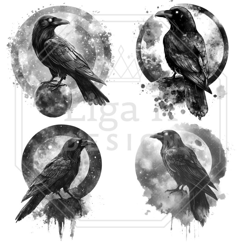 May include: Black and white digital art featuring four illustrations of ravens. Each raven is depicted with glowing eyes, set against a backdrop of celestial elements, including moons and starry skies. The artwork has a gothic or fantasy theme.