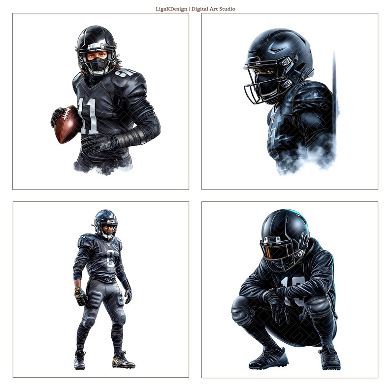 K&ouml;nnte beinhalten: Digital-Art eines Footballspielers in schwarzer Uniform und Helm, der einen braunen Football h&auml;lt. Der Spieler tr&auml;gt die Nummer 11. Der Hintergrund ist wei&szlig;.