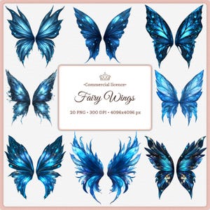 May include: Nine digital illustrations of fairy wings in shades of blue are displayed. The wings showcase detailed textures and some designs include sparkling elements. The image includes the text "Fairy Wings".