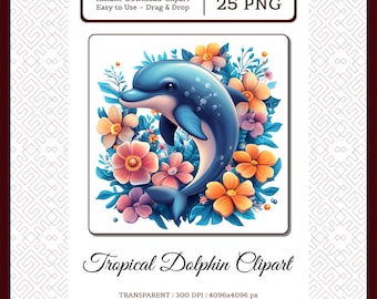 Pacote de imagens PNG de golfinhos tropicais, gráficos de animais marinhos da praia, design de sublimação floral de verão com golfinhos, animal marinho exótico digital.