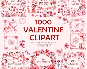 Clipart di San Valentino 1000, Clipart d'amore trasparenti 300DPI, Sublimazione, Clipart carini, Clipart di coppia, Clipart di animali, Fiori, PACCHETTO di cuori