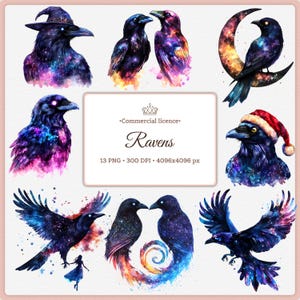 May include: A collection of watercolor illustrations featuring ravens with a cosmic theme. The birds are depicted in various poses, some wearing hats or perched on a crescent moon. The color palette includes blues, purples, and oranges, with a starry night effect.
