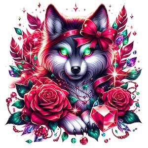 Peut inclure: Illustration numérique d'un loup avec une fourrure grise et blanche, orné d'un nœud et d'un bandeau rouges. Le loup a des yeux verts brillants et est entouré de roses rouges, de plumes et de bijoux étincelants. Un grand bijou rouge est en bas.