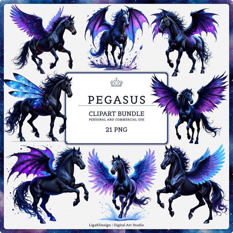 Dark Pegasus Clipart Bundle Greek Mythology Winged Horse PNG Fantasy ...