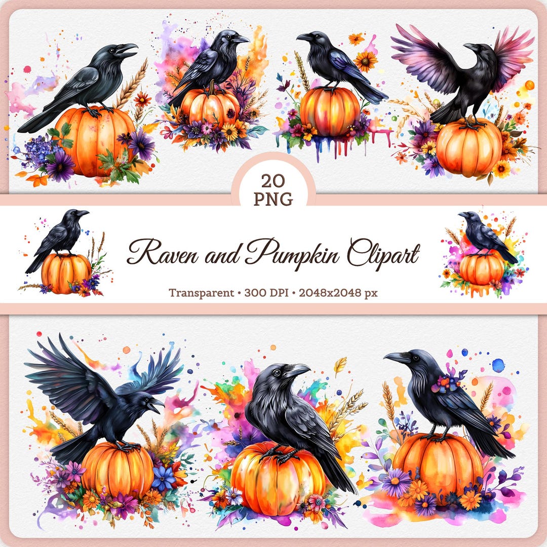 Watercolor Raven and Pumpkin Clipart PNG, Crow Halloween Watercolor ...