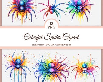 Rainbow Spider Clipart Bundle, 13 PNG Watercolor Creepy Cute Spiders for Digital Halloween Stickers, Scrapbooking & Junk Journals 2k