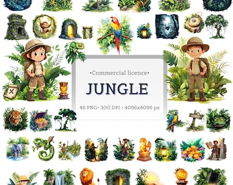 Jungle Safari Clipart Bundle: Tropical Animals & Explorer PNG Exotic Treasure Hunter Jungle Illustration Wildlife Graphics Digital Download