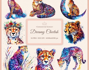 Galaxy Cheetah Clipart Bundle: Watercolor Cosmic Safari PNG (Digital Download)