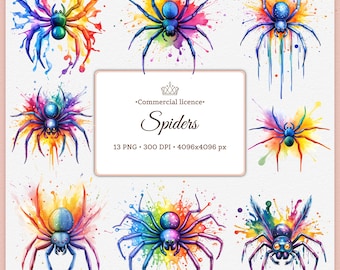 Rainbow Watercolor Spider Clipart | Colorful Halloween Spider PNG | Cute Psychedelic Arachnid Art for Stickers, Sublimation, Digital Use 4k