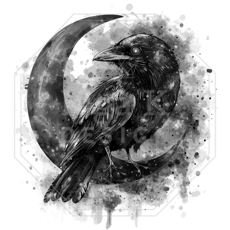 May include: Black and white illustration of a raven perched on a crescent moon. The raven has detailed feathers and a piercing gaze. The background features a watercolor-style splatter effect, adding a mystical touch to the design.