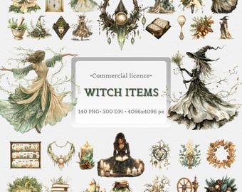 Heks items clipart bundel PNG genezing aarde heks heidense magie sublimatie hekserij aquarel aarde groene spreuk gegoten items