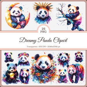 Galaxy Panda Clipart | 25 Cute Fantasy PNGs for Stickers & Scrapbooking | Watercolor Animal Art | 2K Cute Kawaii Panda PNG 2048px