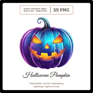 May include: A digital illustration of a Halloween pumpkin with a glowing, carved face. The pumpkin is a mix of blue and purple with a starry night sky effect. The text "Halloween Pumpkin" is below the pumpkin, with "Instant Download Clipart" and "25 PNG" at the top.