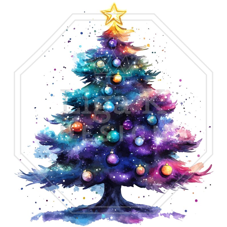 K&ouml;nnte beinhalten: Eine Aquarell-Illustration eines Weihnachtsbaums mit einer von Galaxien inspirierten Farbpalette aus tiefem Blau, Violett und Pink. Der Baum ist mit runden, bunten Kugeln geschm&uuml;ckt und tr&auml;gt einen gelben Stern an der Spitze, mit dem Text LIGA K DESIGN.