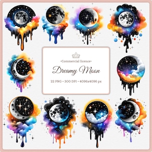 May include: A collection of watercolor illustrations featuring celestial bodies. Each design showcases a moon or crescent moon surrounded by colorful clouds and dripping paint effects. The text "Dreamy Moon" is also included.