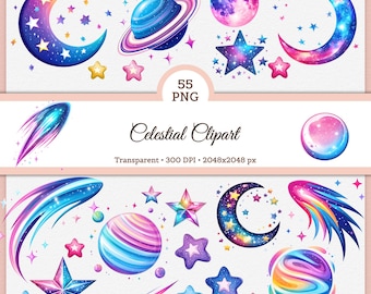 Celestial Space Clipart PNG | Galaxy Moons, Planets, Stars & Comets | Cosmic Digital Art for Scrapbooking 2k