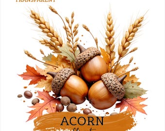 Acorn Clipart Bundle, Autumn Fall PNG, Oak Leaf Wreaths, Woodland Squirrel, Fairy House, Galaxy Acorn Fantasy Graphics