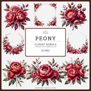 Puede incluir: Un paquete de imágenes prediseñadas digitales con varios arreglos de peonías rojas con hojas verdes y tallos marrones. La imagen incluye marcos florales, ramos y racimos de flores individuales. El texto de la imagen dice "PEONY CLIPART BUNDLE PERSONAL AND COMMERCIAL USE 18 PNG."