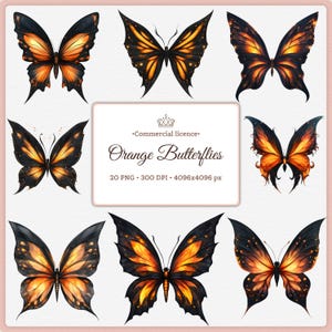 Può includere: Nove illustrazioni ad acquerello di farfalle con ali arancioni e nere. Le farfalle hanno motivi alari intricati, su uno sfondo rosa. L'immagine include il testo "Orange Butterflies" e "Commercial licence."