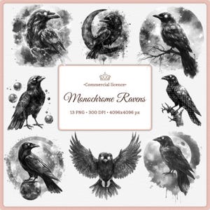 May include: A collection of monochrome raven illustrations. The images feature ravens in various poses, including perched on branches and in flight, set against backgrounds of moons and nebulas. The text reads "Monochrome Ravens".