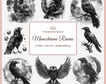 Monochrome Raven Clipart Bundle | Gothic Crow PNG | Black and White Bird Art | Dark Aesthetic Halloween Sublimation | Witchy art Grayscale