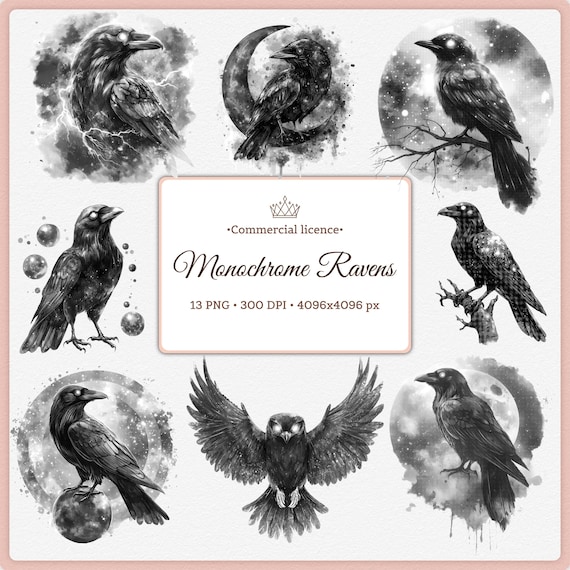 Monochrome Raven Clipart Bundle | Gothic Crow PNG | Black and White Bird Art | Dark Aesthetic Halloween Sublimation | Witchy art Grayscale