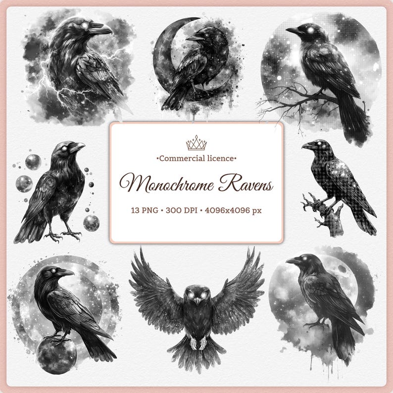 May include: A collection of monochrome raven illustrations. The images feature ravens in various poses, including perched on branches and in flight, set against backgrounds of moons and nebulas. The text reads "Monochrome Ravens".