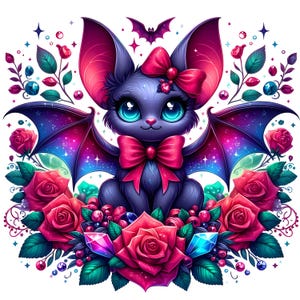 May include: A colourful illustration of a cartoon bat with large blue eyes and a pink bow. The bat has purple fur and wings with a starry galaxy design. It is surrounded by red roses, jewels, and decorative elements.