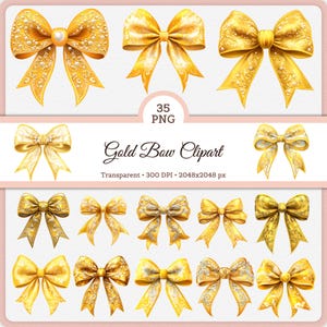 May include: A selection of gold bow clipart images. The bows have different designs, some with detailed patterns and decorations. The text "Gold Bow Clipart" is visible, along with other details.