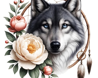 Elegant Wolf Dreamcatcher PNG Clipart Boho Floral Wolf Sublimation Design Rustic Animal Digital Art Printable Woodland Decor Cottagecore JPG