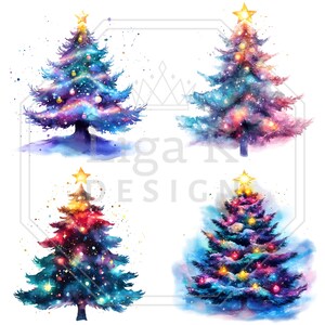 K&ouml;nnte beinhalten: Vier Illustrationen von Weihnachtsb&auml;umen im Aquarellstil, angeordnet in einem Raster. Jeder Baum zeigt eine lebendige, von Galaxien inspirierte Farbpalette aus Blau-, Lila- und Rosat&ouml;nen, geschm&uuml;ckt mit leuchtenden Kugeln und einem gelben Stern.