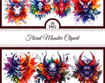 16 PNG Demon Skull Clip Art, Halloween Sticker & Scrapbooking Pack, Vibrant Flower Horror Design, Digital, Commercial 2k