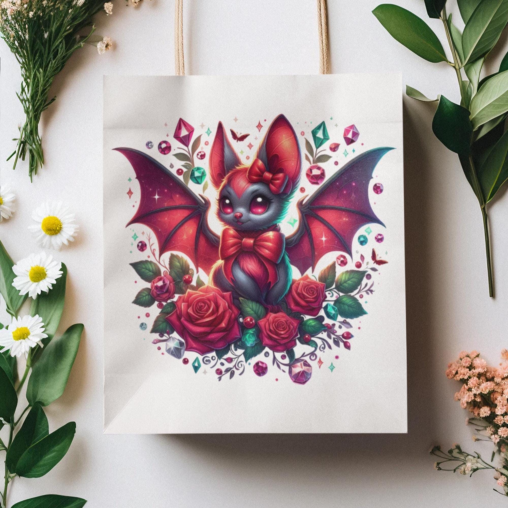 Glamorous Bat Clipart With Red Bow & Roses | Cute Gothic PNG for ...