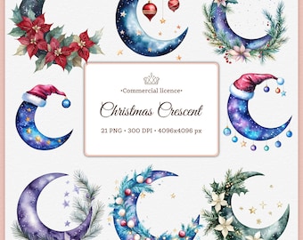 Galaxie Weihnachten Mond Clipart | Aquarell Himmlische Feiertage PNG | Winter Halbmond Kränze | Magische Weihnachtssublimationskunst 4k