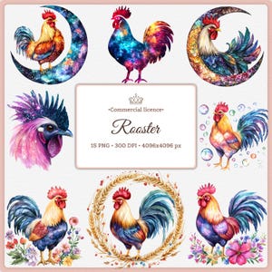 Galaxy Rooster Clipart Bundle  Cosmic Farm Animal PNG Watercolor Chicken Roosters Moon for Sublimation Kitchen Decor Countryside Crafts PNG