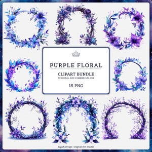 May include: A digital clipart bundle showcasing watercolour floral designs in shades of purple and blue. The collection includes wreaths and arches, suitable for personal and commercial use. The image text reads "Purple Floral Clipart Bundle, 15 PNG".
