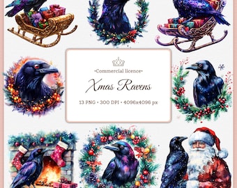 Xmas Ravens Clipart | Wreath Raven Art  | Festive Crow PNG Bundle | Dark Santa Bird Sublimation | Holiday Fireplace | Magical Winter