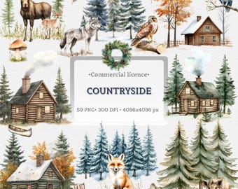 Countryside Clipart Cabins Forest Wildlife PNG Rustic Cottage Core Woodland Animals Scenic Nature Deer Fox Wolf Owl Moose Sublimation 4k