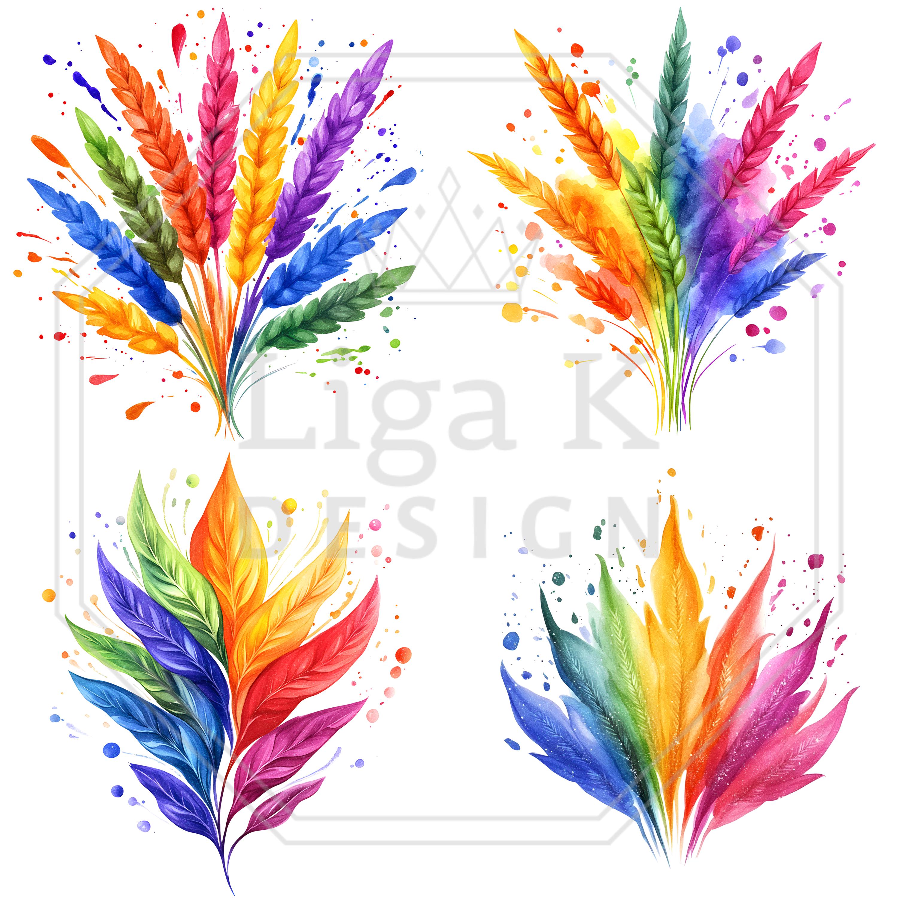 Watercolor Rainbow Grass Clipart Bundle, Reeds and Wildflowers, 25 PNG ...