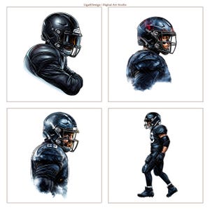K&ouml;nnte beinhalten: Vier digitale Kunstillustrationen von American-Football-Spielern in schwarzen Uniformen und Helmen. Jedes Bild zeigt eine andere Pose, einschlie&szlig;lich eines Seitenprofils und einer Ganzk&ouml;rperaufnahme. Das Kunstwerk hat einen realistischen Stil mit detaillierten Schattierungen und Highlights.