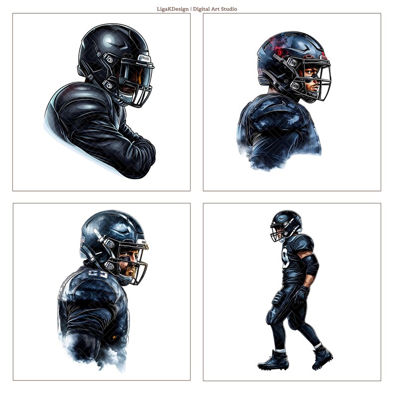 K&ouml;nnte beinhalten: Vier digitale Kunstillustrationen von American-Football-Spielern in schwarzen Uniformen und Helmen. Jedes Bild zeigt eine andere Pose, einschlie&szlig;lich eines Seitenprofils und einer Ganzk&ouml;rperaufnahme. Das Kunstwerk hat einen realistischen Stil mit detaillierten Schattierungen und Highlights.