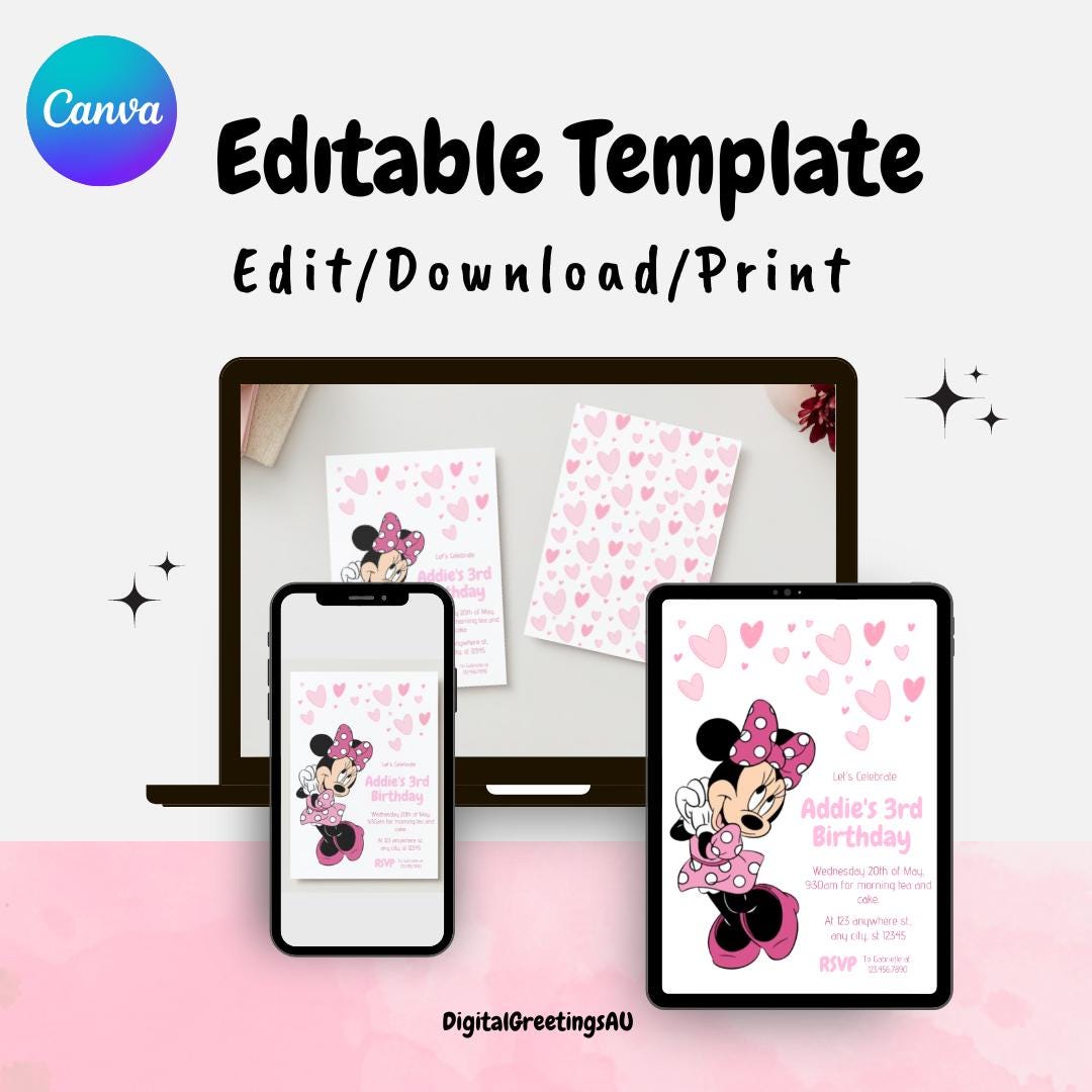 Minnie Mouse 3rd Birthday Invitation – Editable Digital Template ...