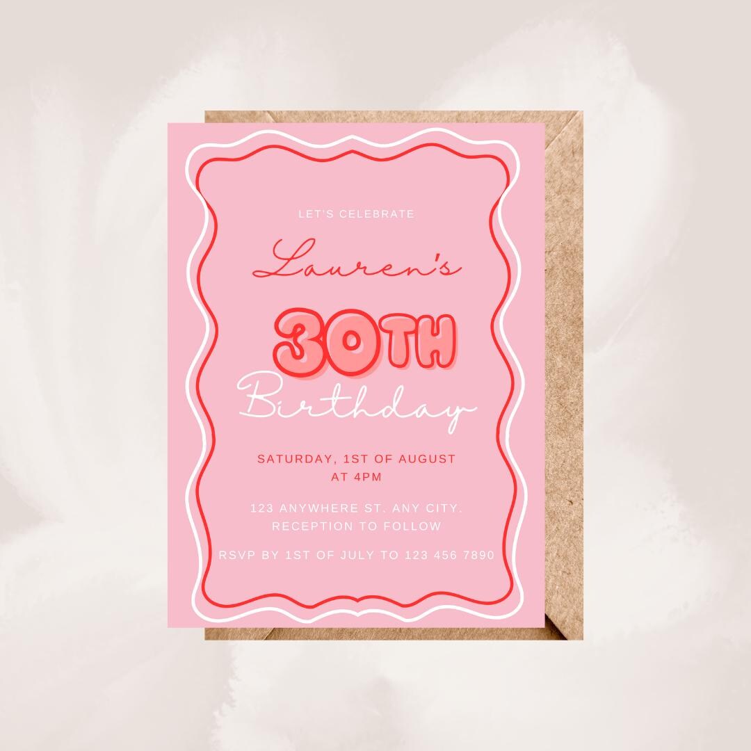 Pink & Red Wavy Border 30th Birthday Invitation for Her, Editable ...